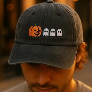 Pumpkin Ghost Hat, Embroidered Halloween Baseball Cap with Jack o Lantern and Ghosts, Black Dad Hat, Spooky Fall Gift