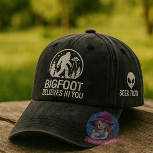 Embroidered Sasquatch Hat – Bigfoot Washed Baseball Cap for Men, Adventure Dad Hat, Cryptid Gift Idea