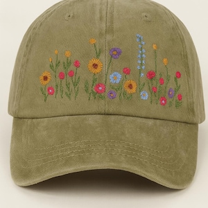 Wildflower Embroidered Olive Green Baseball Cap: Cottagecore Garden Hat