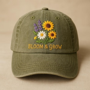 Sunflower  Hat – Custom Embroidered Washed Black Cap, Vintage Garden Gift