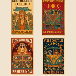 Juego de 4 pósteres retro de chica hippie: arte psicodélico de pared para furgoneta VW con símbolo de la paz, estilo bohemio floral de los años 70, impresión estética vintage.