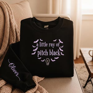 Embroidered Gothic Sweatshirt: Pitch Black Humor, Purple Bats