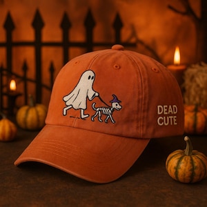 Dead Cute Halloween Hat – Ghost Walking Skeleton Dog Embroidery, Funny Fall Cap