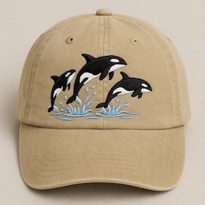 Orca Pod Embroidered Hat – Three Jumping Killer Whales Washed Sand Dad Cap