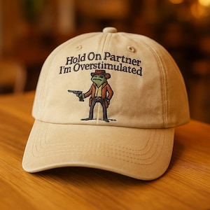 Funny Frog Cowboy Hat, Embroidered Quote Baseball Cap “Hold On Partner I’m Overstimulated”, Meme Dad Hat Gift