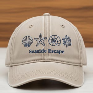 Seaside Escape Embroidered Hat – Beige Baseball Cap with Shell Starfish Coral Design
