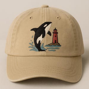 Orca and Lighthouse Embroidered Hat – Marine Life Washed Sand Dad Cap