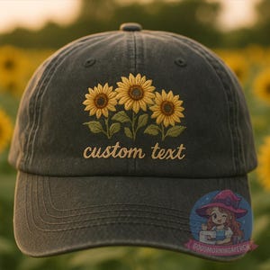 Sunflower  Hat – Custom Embroidered Washed Black Cap, Vintage Garden Gift