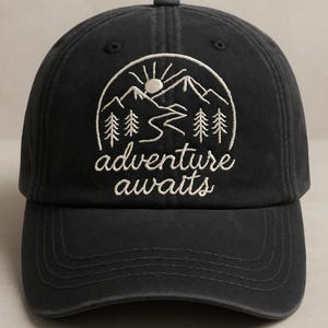Adventure Awaits Hat – Mountain Embroidered Hiking Cap – Outdoor Gift for Nature Lovers