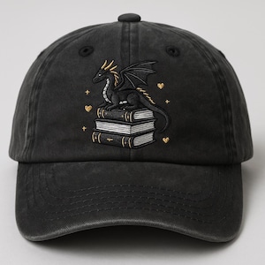 Dragon and Books Embroidered Baseball Cap – Fantasy Aesthetic Black Dad Hat