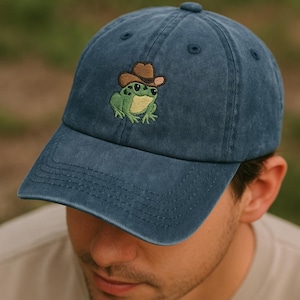 Cowboy Frog Embroidered Hat – Navy Washed Baseball Cap