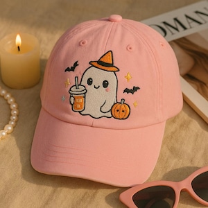Cute Ghost Hat, Pink Halloween Baseball Cap with Pumpkin and Witch Hat, Embroidered Spooky Season Dad Hat Gift