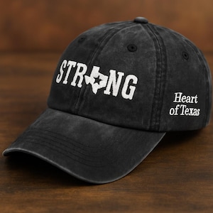 Texas Strong Hat – Embroidered Black Washed Dad Cap, Heart of Texas Cap Gift, Texas Pride Hat, Western Southern USA Baseball Hat