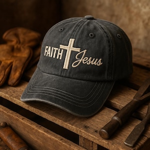Faith Jesus Hat – Washed Black Christian Baseball Cap with Cross Embroidery