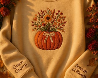 Pumpkin Embroidered Fall Sweatshirt - Autumn Floral Crewneck - Harvest Aesthetic Sweater