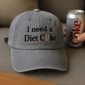 Ich brauche eine Diet Coke Bestickte Mütze – eine ausgewaschene graue Baseballmütze