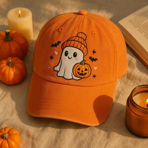 Cute Ghost Hat, Orange Halloween Baseball Cap with Pumpkin Embroidery, Spooky Season Dad Hat, Autumn Gift