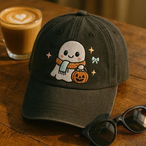 Cute Ghost Hat, Embroidered Halloween Baseball Cap with Pumpkin Bucket, Black Dad Hat, Spooky Season Autumn Gift