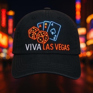 Viva Las Vegas Embroidered Hat: Neon Dice & Playing Cards Casino Cap