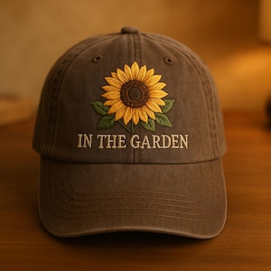 Sunflower Embroidered Hat | In The Garden Dad Cap | Brown Washed Cotton Baseball Cap | Gardener Gift