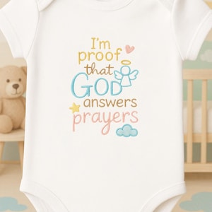 God Answers Prayers Baby Bodysuit – Christian Embroidered Faith Baby Outfit