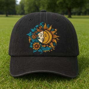 Geborduurde, met zon en maan gewassen zwarte papa-hoed: Boho Celestial Astrology