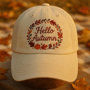 Hello Autumn Embroidered Hat, Fall Wreath Pumpkin Cap, Adjustable Beige Dad Hat for Autumn Lovers
