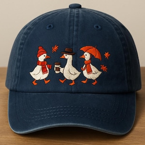 Autumn Goose Embroidered Hat – Navy Baseball Cap with Cozy Fall Design
