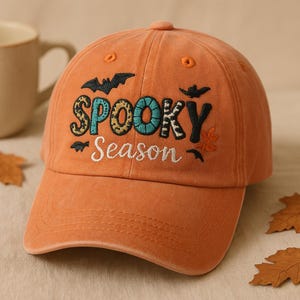Spooky Season Hat, Embroidered Halloween Baseball Cap, Pumpkin Orange Dad Hat with Bats and Fall Leaves, Autumn Gift