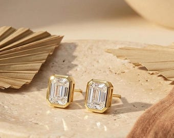 18K Gold Diamond Earrings • Elegant Emerald Cut Studs • Bezel Set Push Backs • Dainty Modern Minimalist Gift For Her By JIORE
