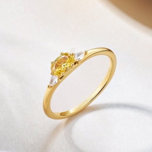 18K Gold Three Stone Oval Ring • Dainty Stackable Diamond Band • Canary Yellow Solitaire • Elegant Modern Minimalist Gift For Her By JIORE