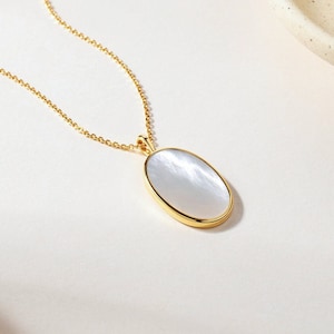 Mother Of Pearl 18K Gold Vermeil Pendant • Lustrous Oval Cut Necklace • Elegant Modern Minimalist Gift For Her By JIORE