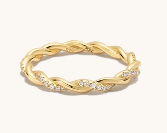 Twisted 18K Gold Vermeil Ring • Dainty Stackable Eternity Band • Diamond Pave Rope Ring • Modern Minimalist Gift For Her By JIORE