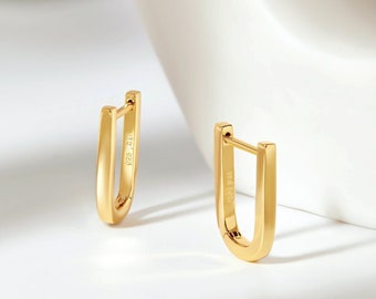 18K Gold Vermeil U Shape Earrings • Elegant Elongated Huggies • 925 Sterling Silver Hoops • Dainty Minimalist Gift For Her By JIORE