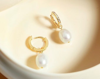 Freshwater Pearl Baguette Huggies • Elegant 18K Gold Earrings • 925 Sterling Silver Hoops • Dainty Detachable Charm • Gift For Her By JIORE