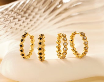 18K Gold Honeycomb Hoops • Dainty Diamond Huggies • Elegant Everyday Earrings • Hexagon Sleepers • Chic Minimalist Gift For Her By JIORE