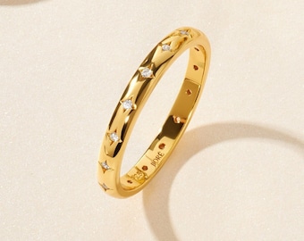 Diamond Starburst 18K Gold Vermeil Ring • Sterling Silver Stackable Band • Dainty Minimalist Gift For Her By JIORE