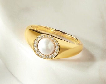 Lustrous Freshwater Pearl Round Signet Ring • Halo Set Solitaire • Genuine 18K Gold Vermeil • Timelessly Elegant Gift For Her By JIORE