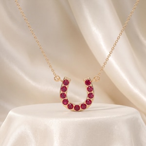 Round Ruby Pave 14K Dainty Solid Gold Horseshoe Pendant Necklace