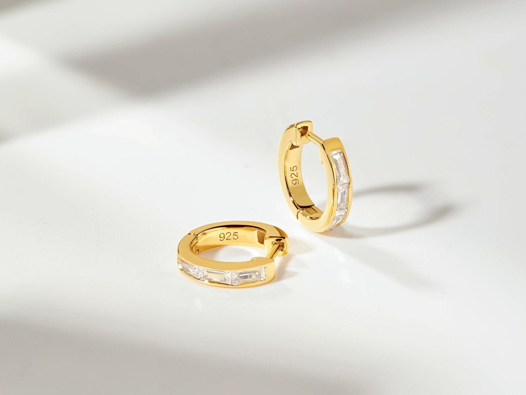 18K Gold Baguette Huggies • Elegant Everyday Diamond Earrings • 925 Sterling Silver Sleepers • Dainty Minimalist Gift For Her By JIORE
