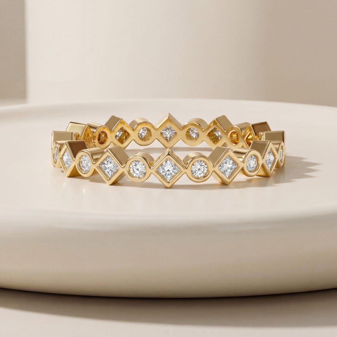 Rounded Princess Round & Princess Cut Diamond Full Eternity Wedding Band Ring 14K Solid ...