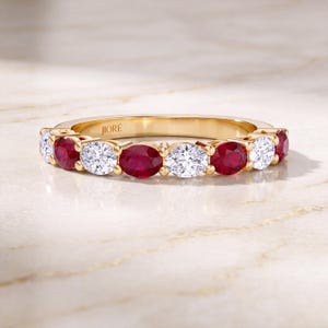 14K Gold Oval Ruby Diamond Half Eternity Band Ring