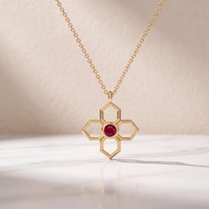 Octagon Ruby Solitaire Dainty Flower 14K Solid Gold Pendant Necklace