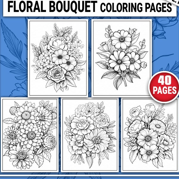 Floral Bouquet Colorings. Flowers Coloring Book. Coloring Pages for Kids, Adults. Grayscale Coloring Sheets Instant Download PDF