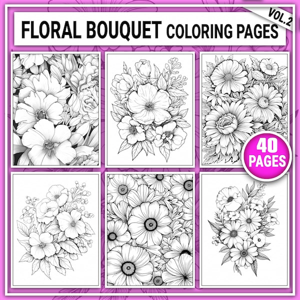Floral Bouquet Colorings Vol.2. Flowers Coloring Book. Coloring Pages for Kids, Adults. Grayscale Coloring Sheets Instant Download PDF