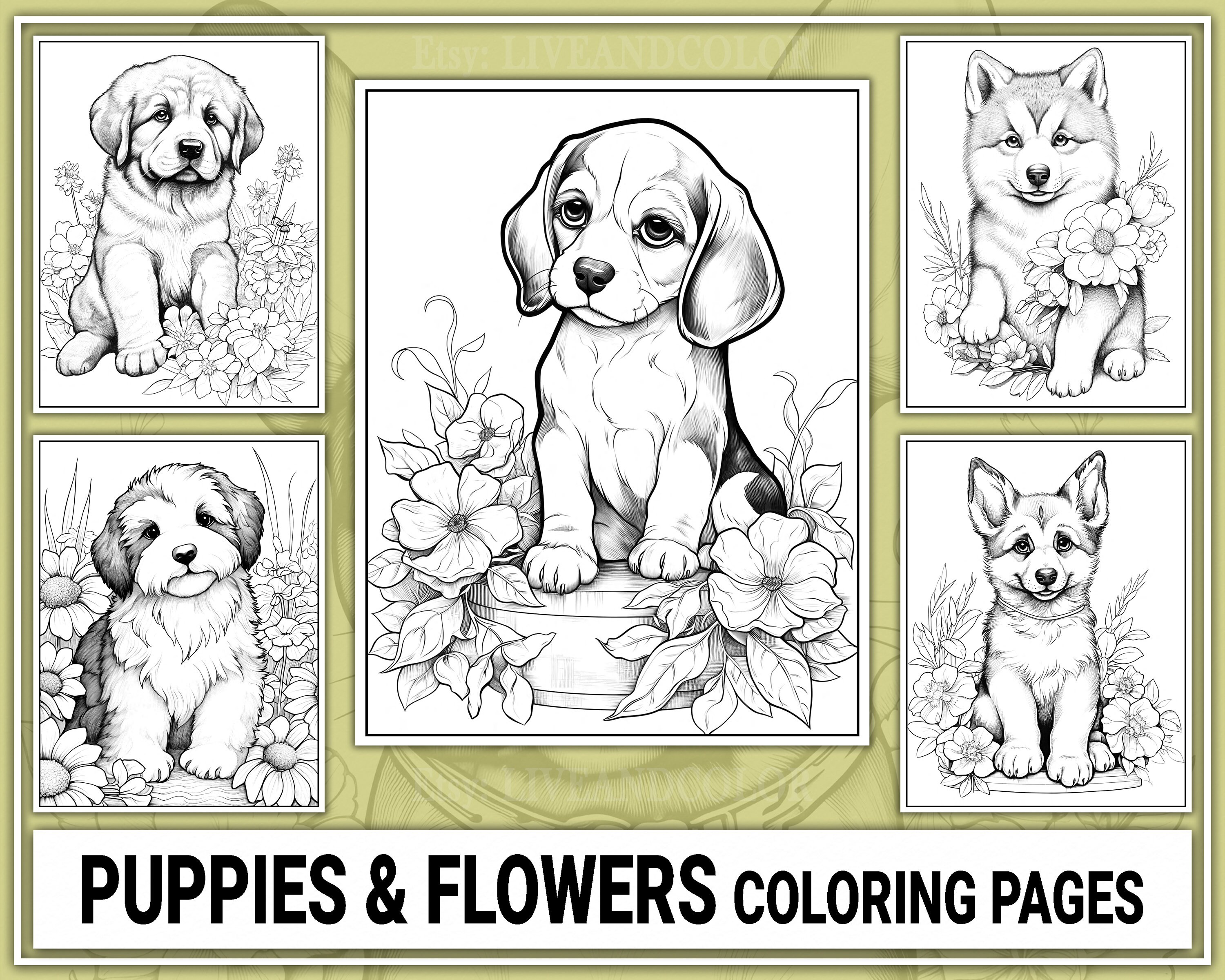 40 Cute Puppies & Flowers Coloring Book Vol.3 Coloring Pages for Kids ...