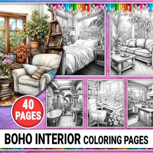 40 Boho Interior Design Ausmalbilder. Gemütliches Zimmer-Innenausmalbuch . Graustufen Malvorlagen zum Ausdrucken für Erwachsene
