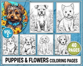 40 Cachorrinhos e Flores para Colorir - Vol. 2 - Páginas para Colorir para Crianças e Adultos. Livro de Colorir em Tons de Cinza. Folhas para Colorir - Download Instantâneo em PDF.