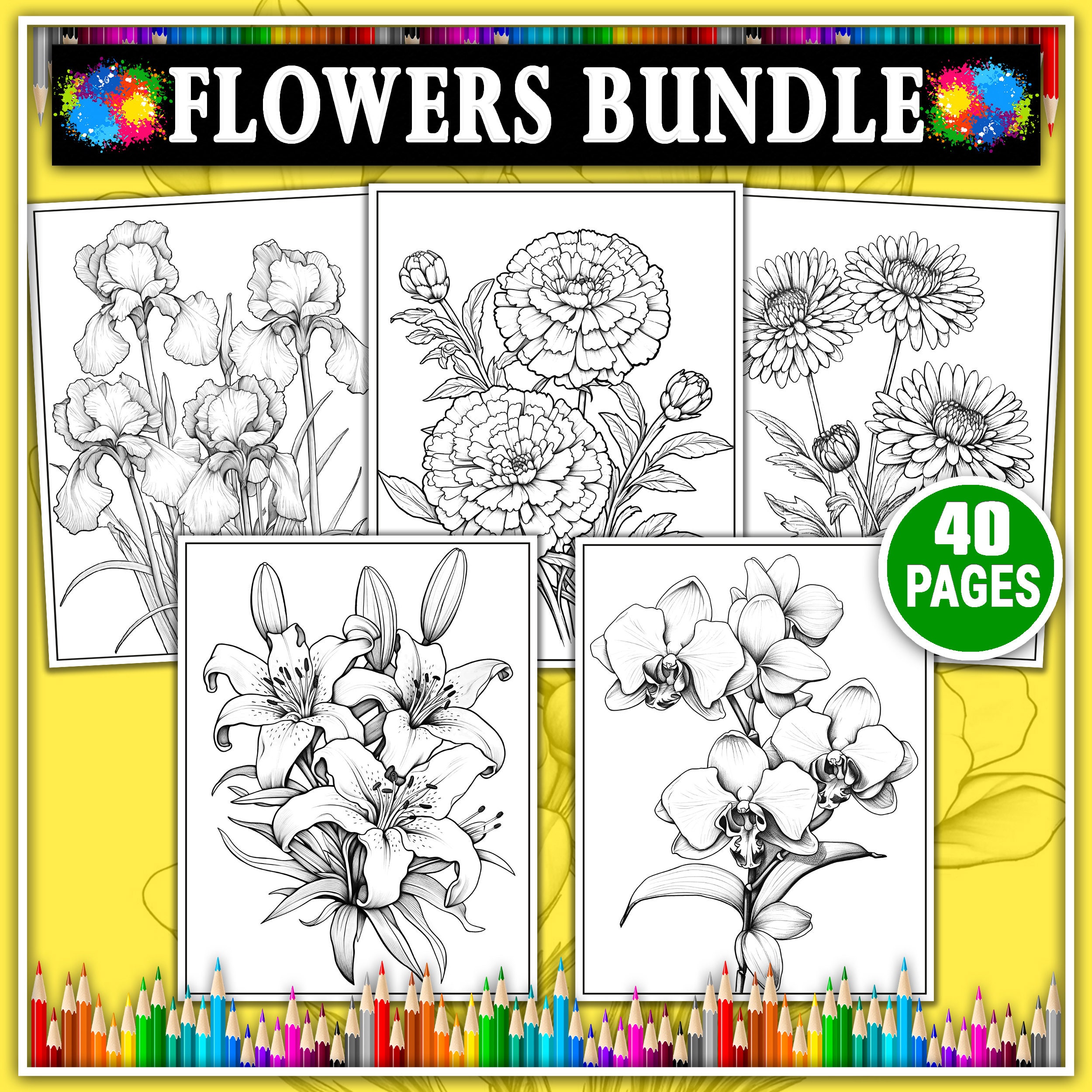 40 Flower Coloring Pages. Printable Floral Coloring Book. Grayscale ...