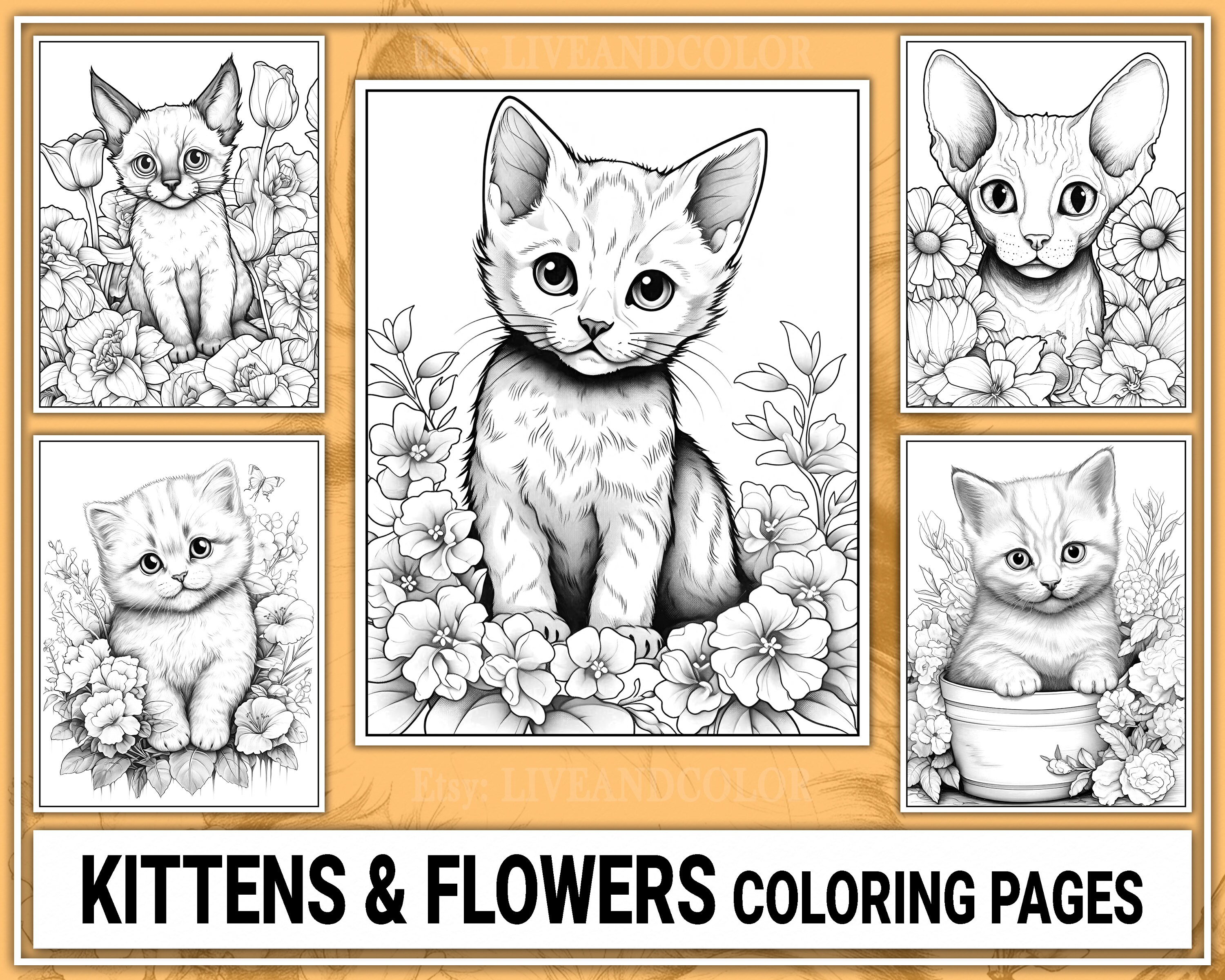 40 Cute Kittens & Flowers Coloring Book Vol.1 Coloring Pages - Etsy